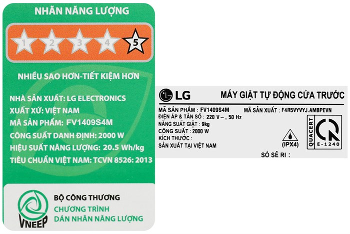 Máy giặt LG Lồng ngang AI DD Inverter 9 kg FV1409S4M